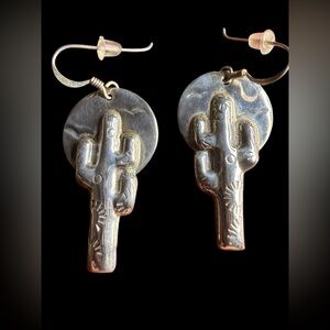 Southwest Sterling Silver Cactus Dangle Earrings Desert Scene